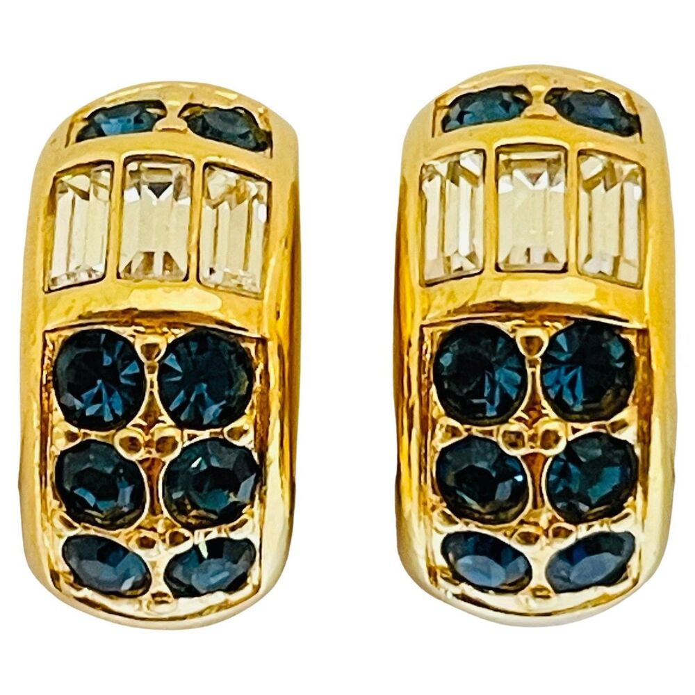 SWAROVSKI signed vintage gold plated crystals designer runway clip on earrings